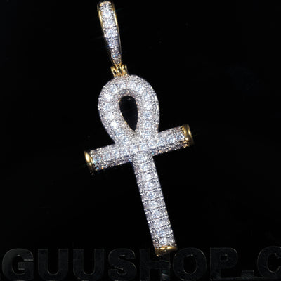 Iced 18K Yellow Gold-Plated  Iced  AAA CZ 18mm  Ankh Gold-Plated And Silver Pendant & Cuban Link Chain