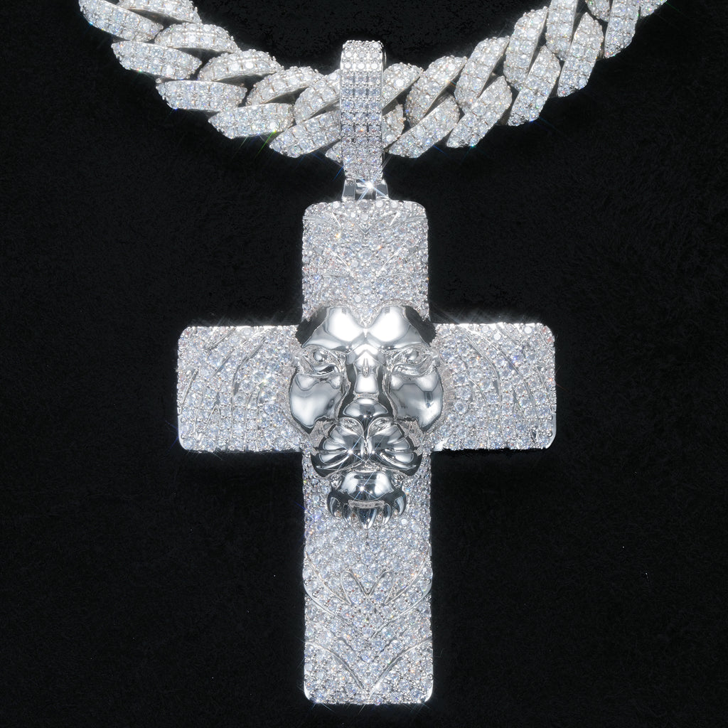 Iced Lion Cross Pendant