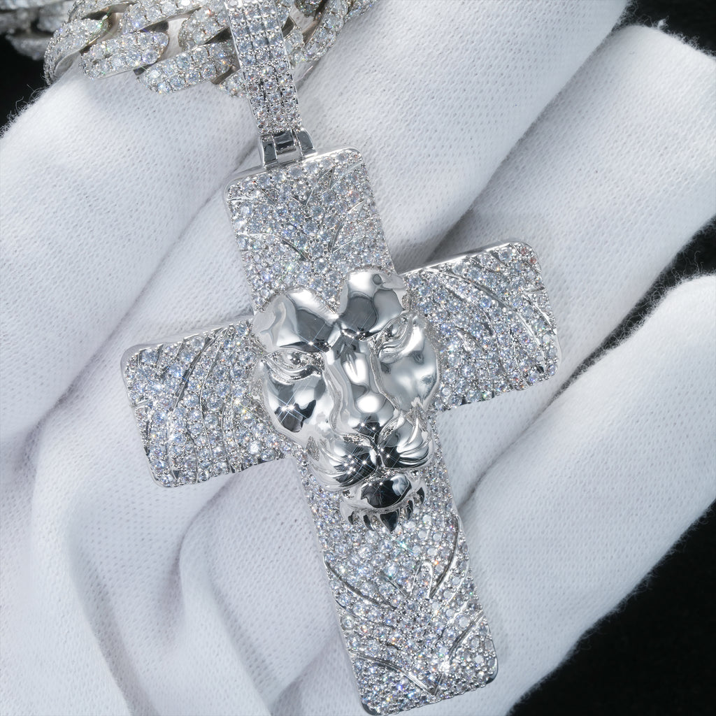 Iced Lion Cross Pendant