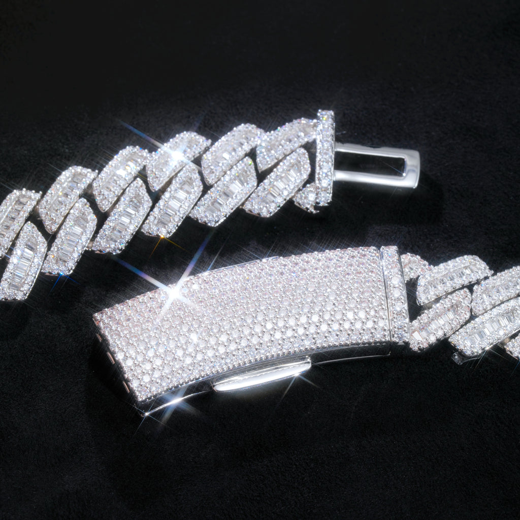 13mm Curved Clasp Baguette Prong Cuban Chain