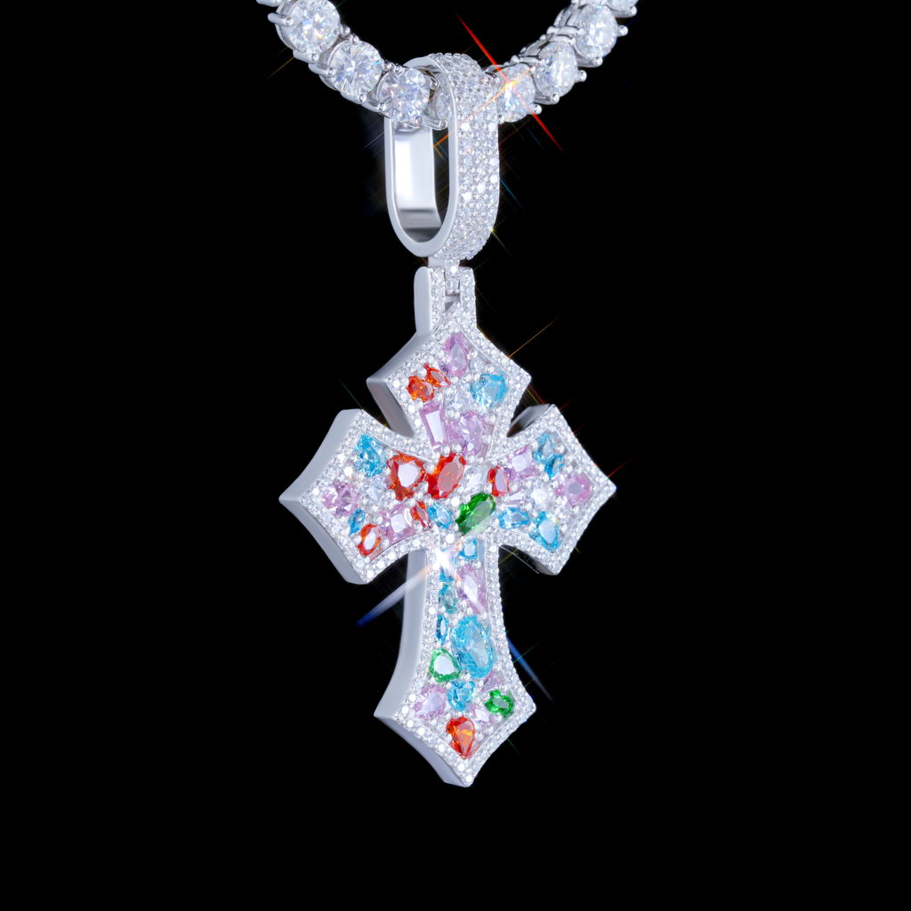 925S & VVS Moissanite Rainbow Cross In White Gold