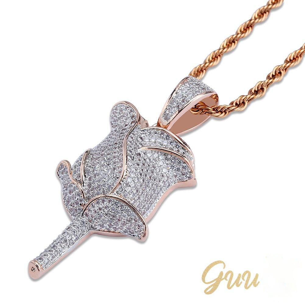 30mm  Iced Gold-Plated CZ  Rose Pendant & Cuban Link Chain - The GUU Shop