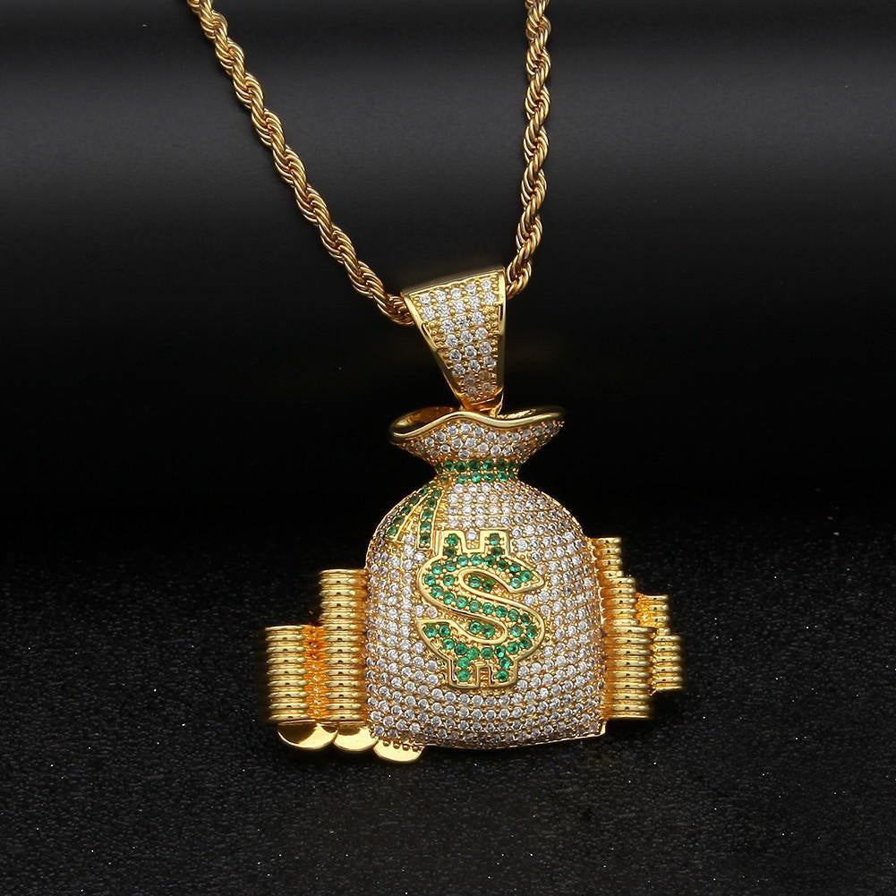 18K Yellow Gold-Plated Micro-inlay AAA CZ Dollar Money Bag Pendant