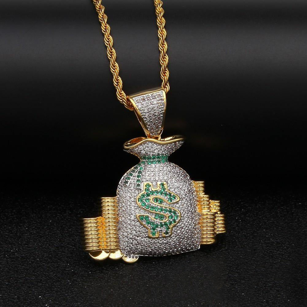 18K Yellow Gold-Plated Micro-inlay AAA CZ Dollar Money Bag Pendant