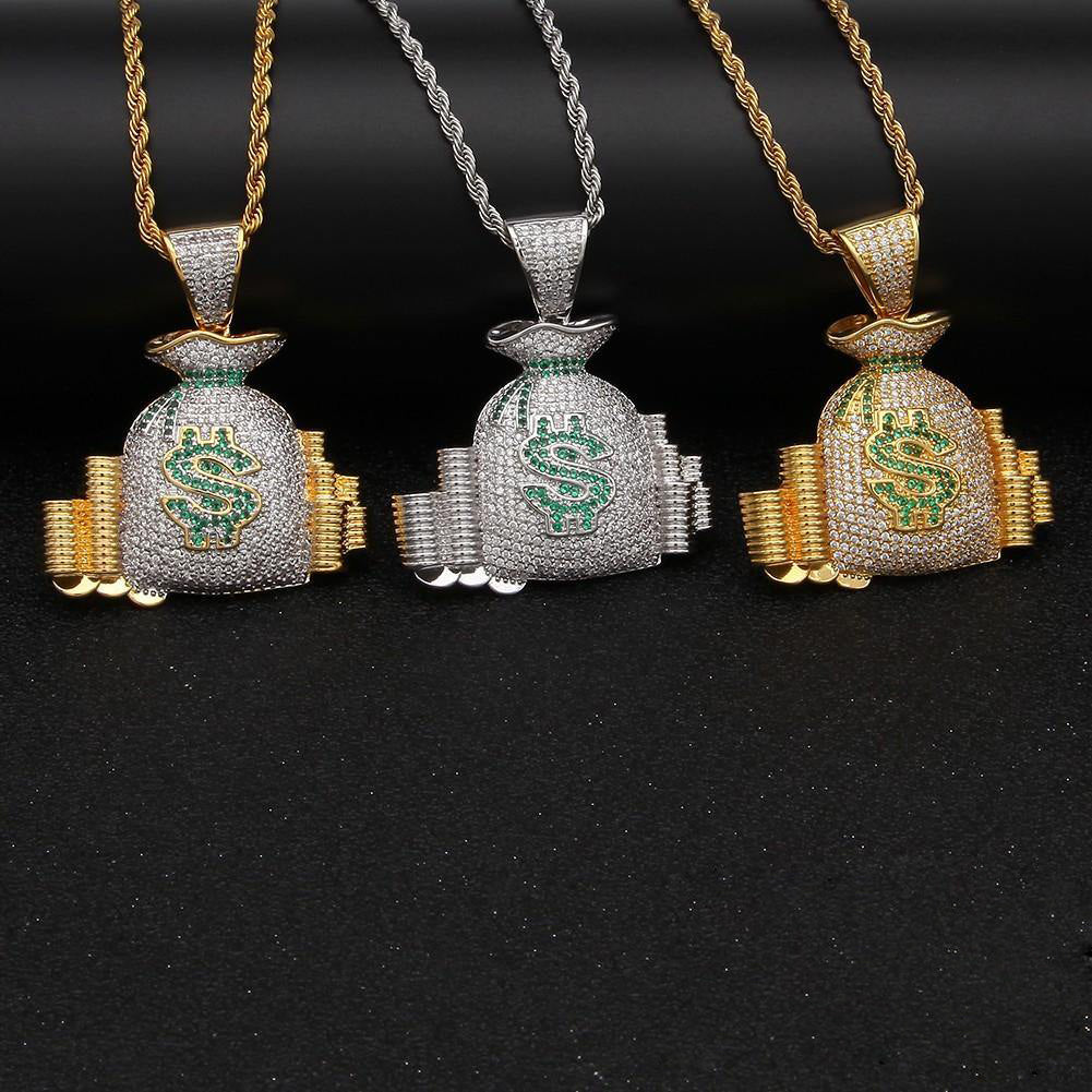 18K Yellow Gold-Plated Micro-inlay AAA CZ Dollar Money Bag Pendant