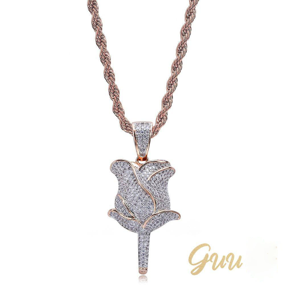 30mm  Iced Gold-Plated CZ  Rose Pendant & Cuban Link Chain - The GUU Shop