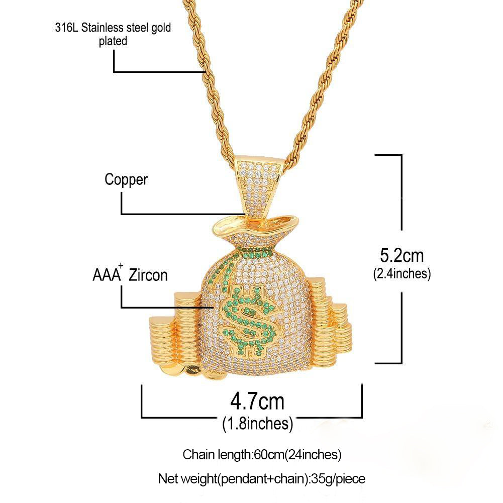 18K Yellow Gold-Plated Micro-inlay AAA CZ Dollar Money Bag Pendant