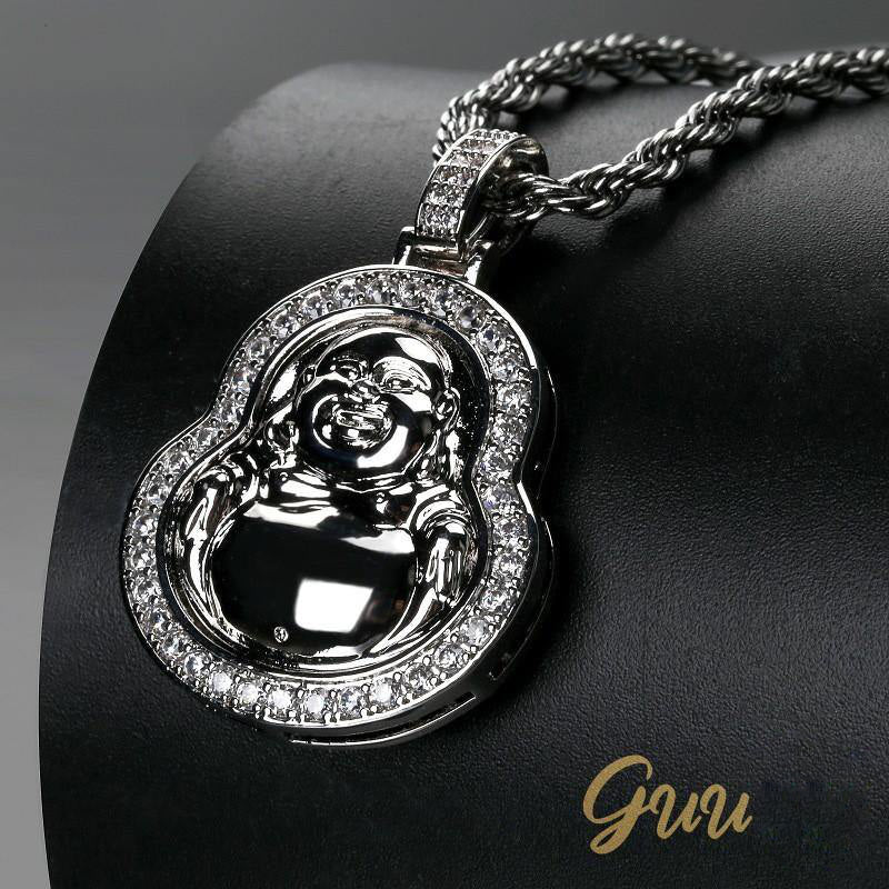 Iced  Gold-Plated & Silver CZ  Maitreya Buddha  Pendant & Cuban Link Chain