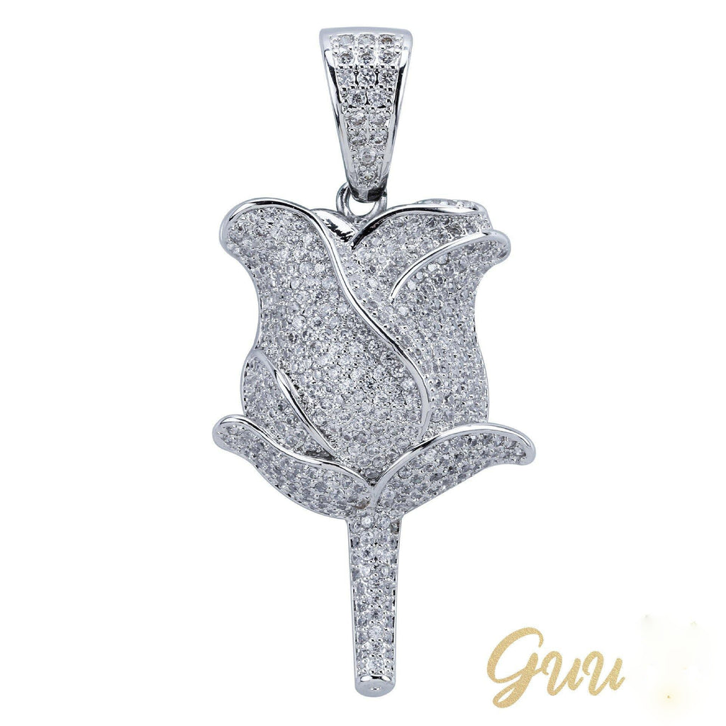 30mm  Iced Gold-Plated CZ  Rose Pendant & Cuban Link Chain - The GUU Shop