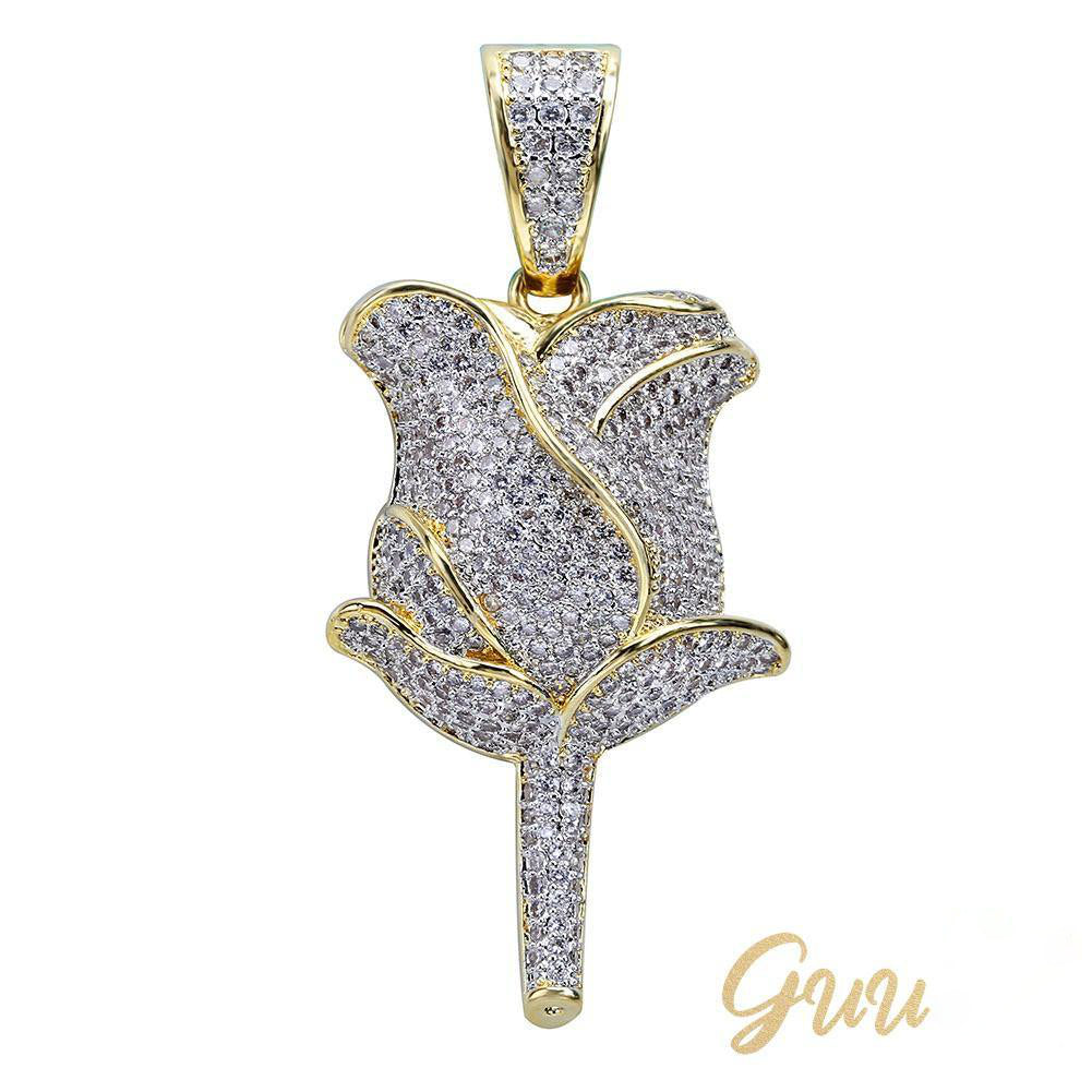 30mm  Iced Gold-Plated CZ  Rose Pendant & Cuban Link Chain - The GUU Shop