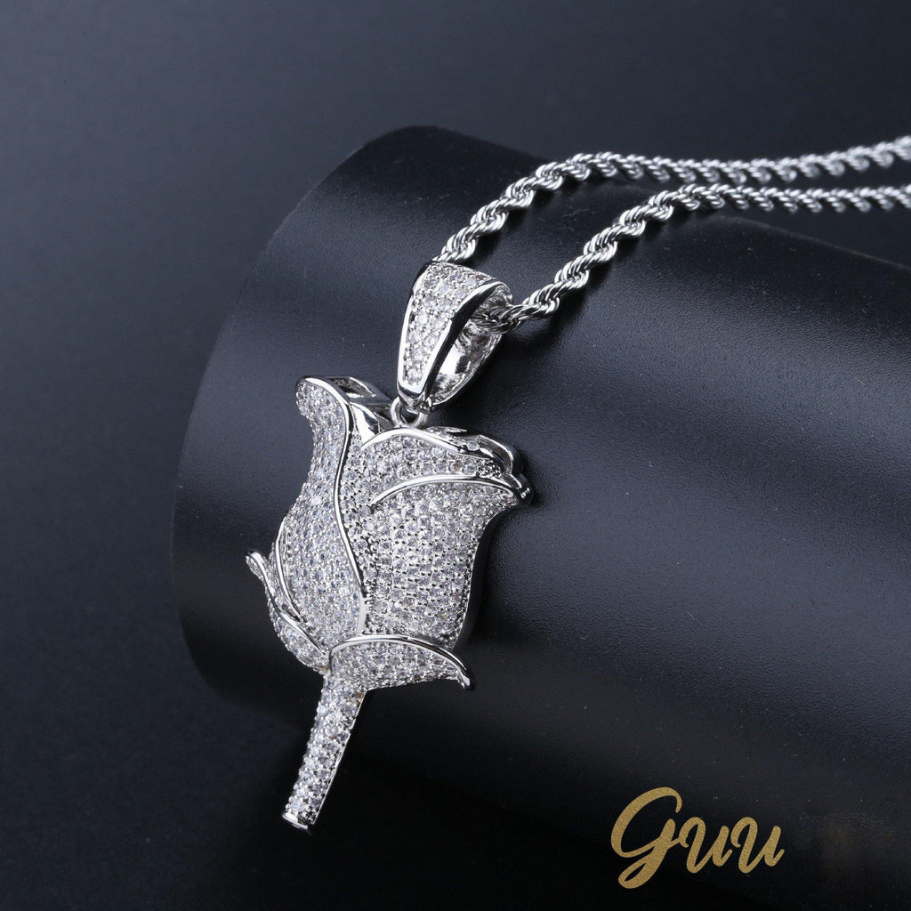 30mm  Iced Gold-Plated CZ  Rose Pendant & Cuban Link Chain - The GUU Shop