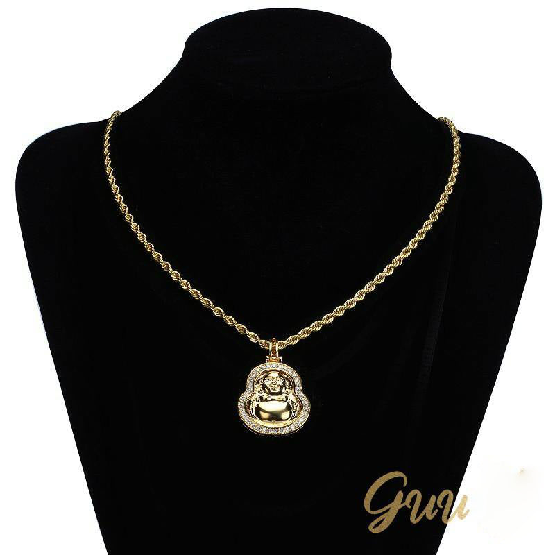 Iced  Gold-Plated & Silver CZ  Maitreya Buddha  Pendant & Cuban Link Chain