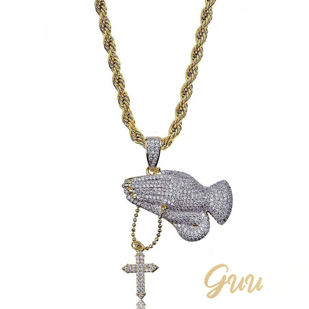 Iced Two-tone Prayer Gesture Cross Hip Hop Pendant Jewelry