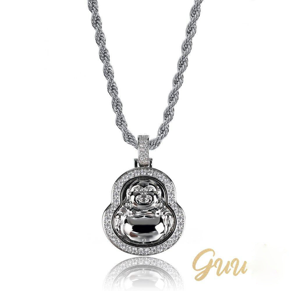 Iced  Gold-Plated & Silver CZ  Maitreya Buddha  Pendant & Cuban Link Chain