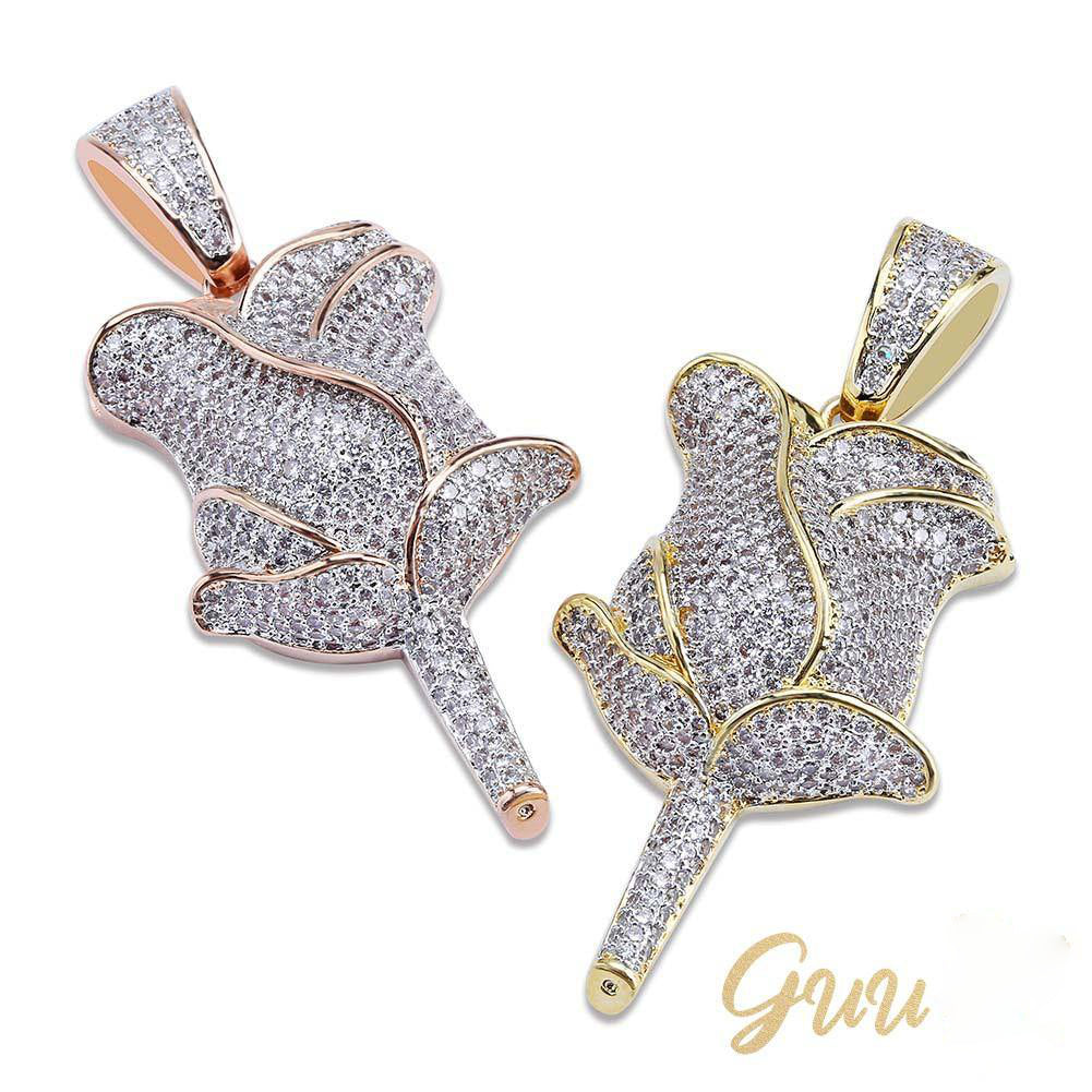 30mm  Iced Gold-Plated CZ  Rose Pendant & Cuban Link Chain - The GUU Shop