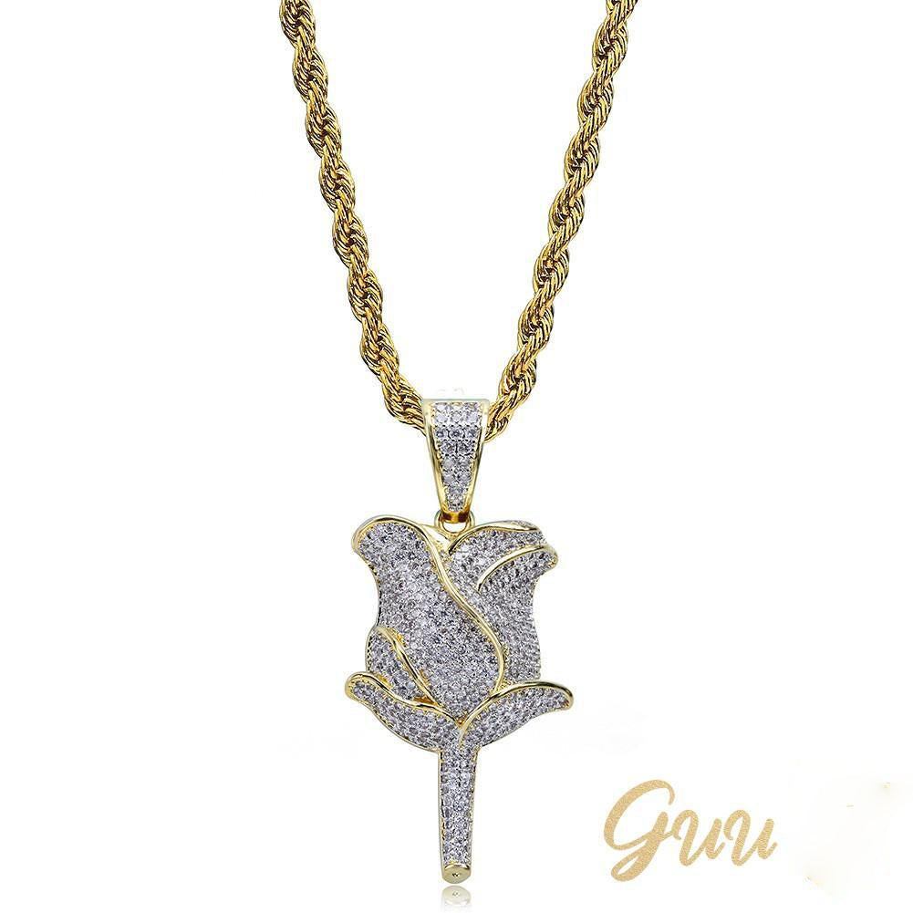 30mm  Iced Gold-Plated CZ  Rose Pendant & Cuban Link Chain - The GUU Shop