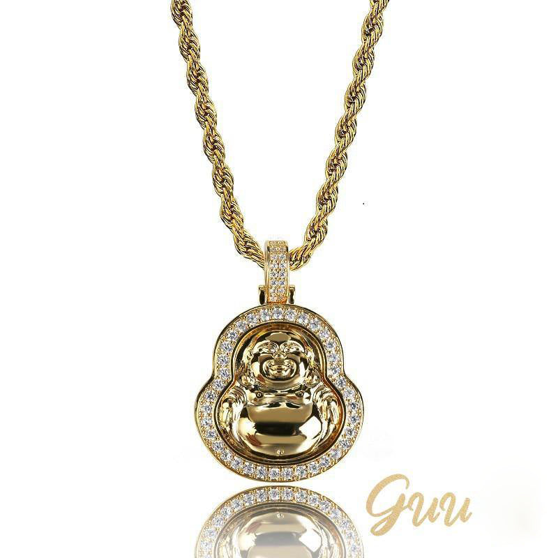 Iced  Gold-Plated & Silver CZ  Maitreya Buddha  Pendant & Cuban Link Chain