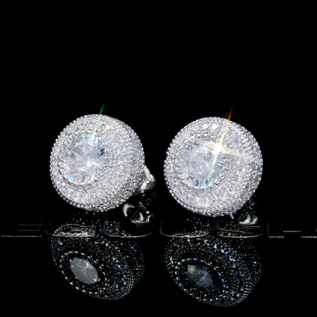 925 Sterling Gold-Plated/Silver Iced Round Shape 12mm Hip Hop Earrings