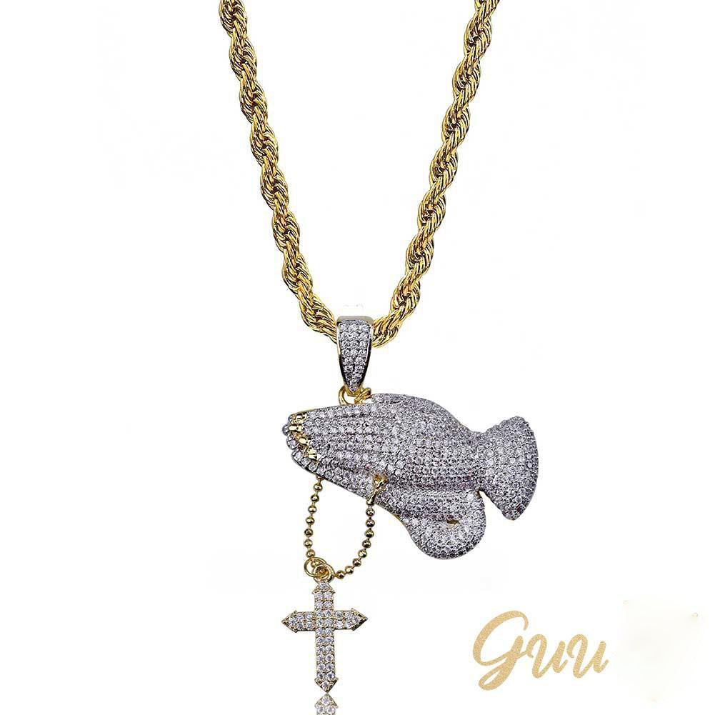 Iced Two-tone Prayer Gesture Cross Hip Hop Pendant Jewelry