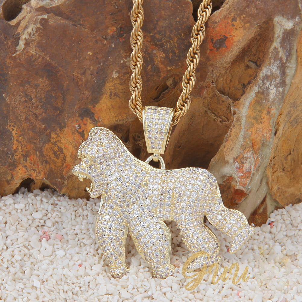 Iced AAA CZ Gorilla Pendant In 18K Yellow Gold-Plated