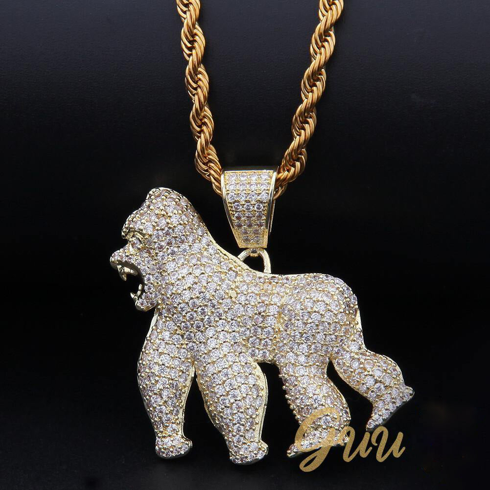 Iced AAA CZ Gorilla Pendant In 18K Yellow Gold-Plated