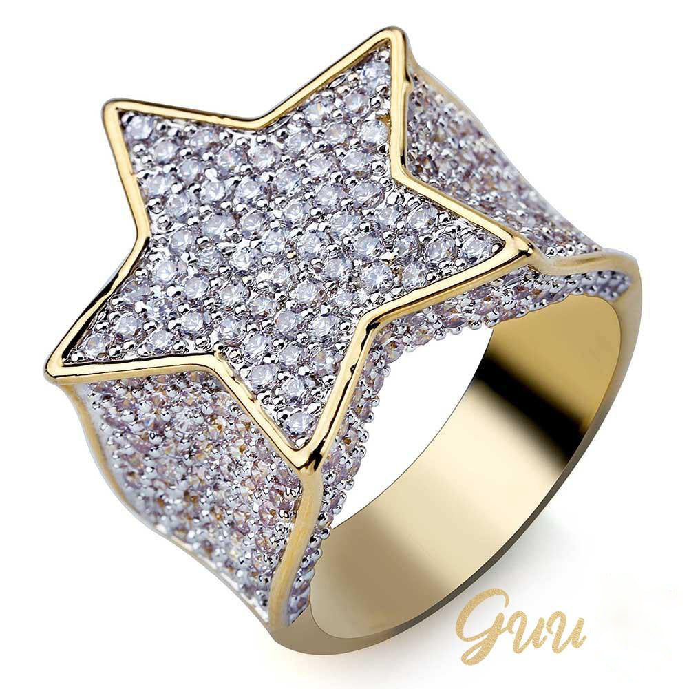 Gold-Plated Micro-inlay CZ Pentagram Ring