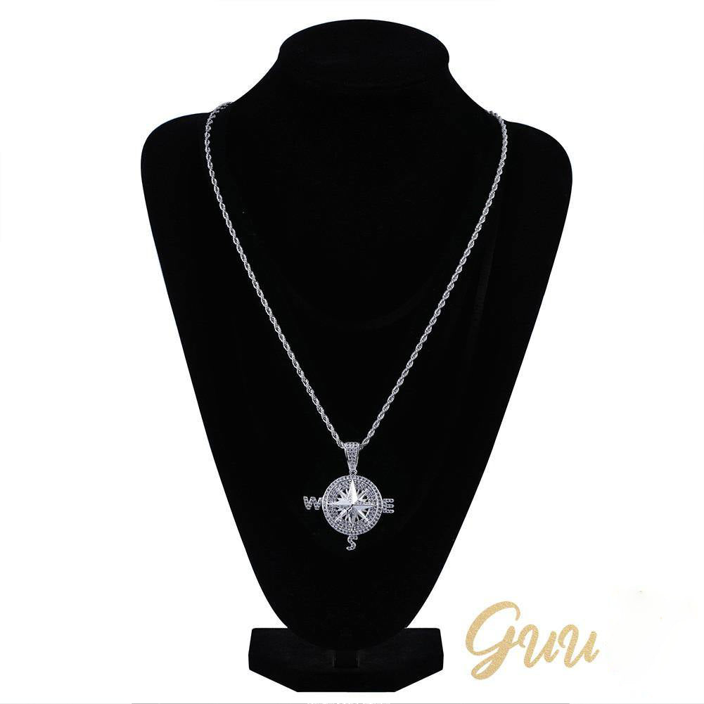 Iced Two-tone 45mm Gold-Plated  CZ  Compass  Pendant $ Cuban Link Chain