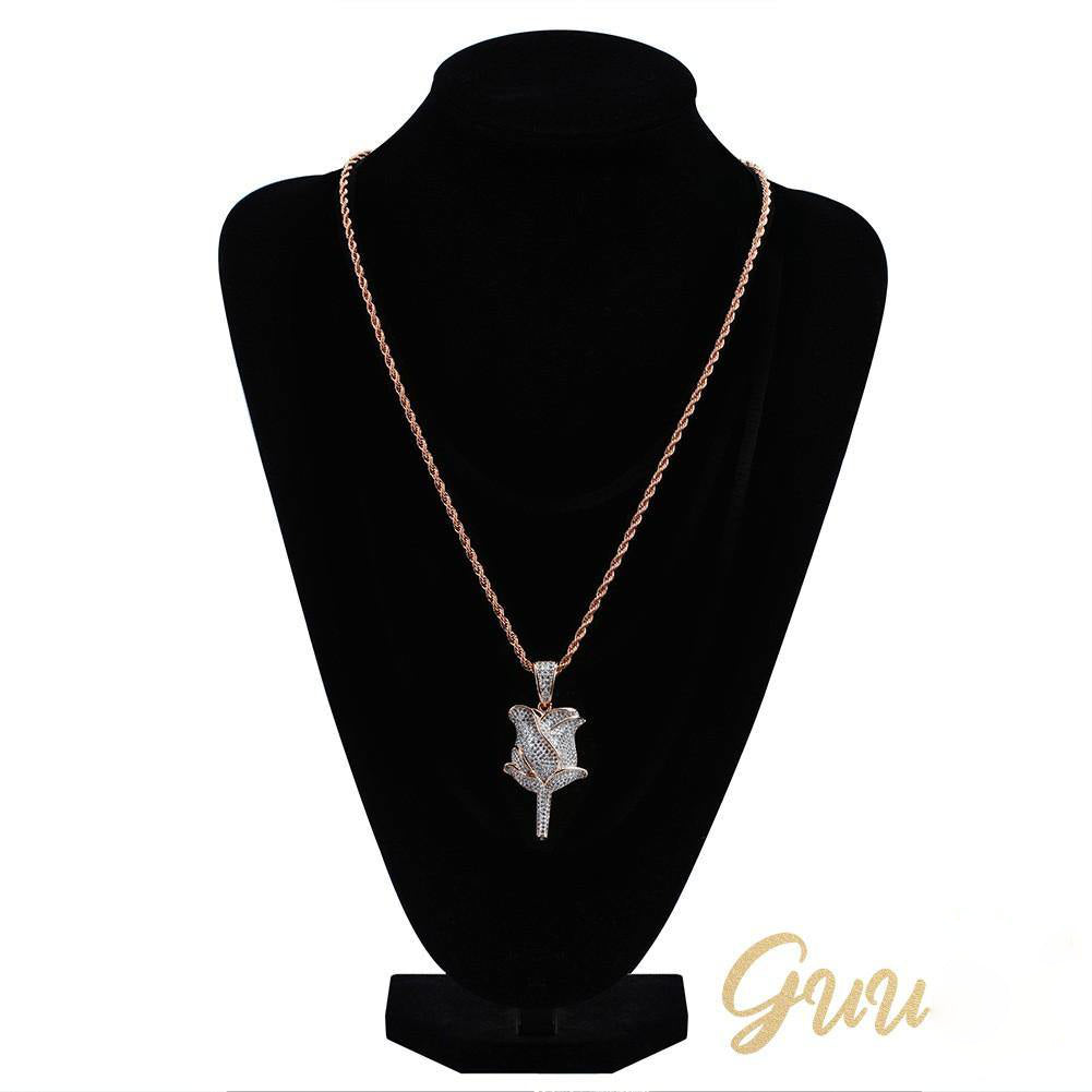 30mm  Iced Gold-Plated CZ  Rose Pendant & Cuban Link Chain - The GUU Shop