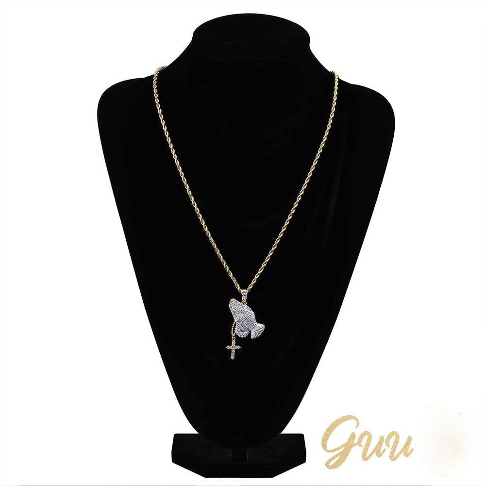 Iced Two-tone Prayer Gesture Cross Hip Hop Pendant Jewelry