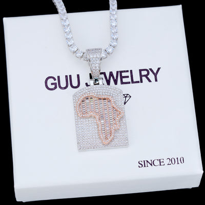 Africa Map Shape Two Layer Baguette Iced Necklace