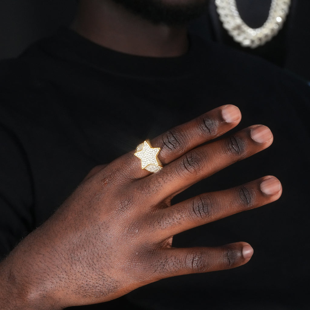 Gold-Plated Micro-inlay CZ Pentagram Ring