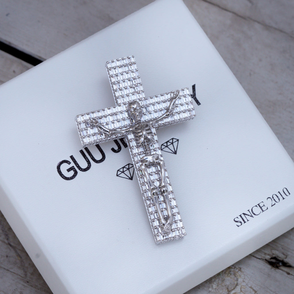 3D Skull Cross Baguette Solid Iced Necklace
