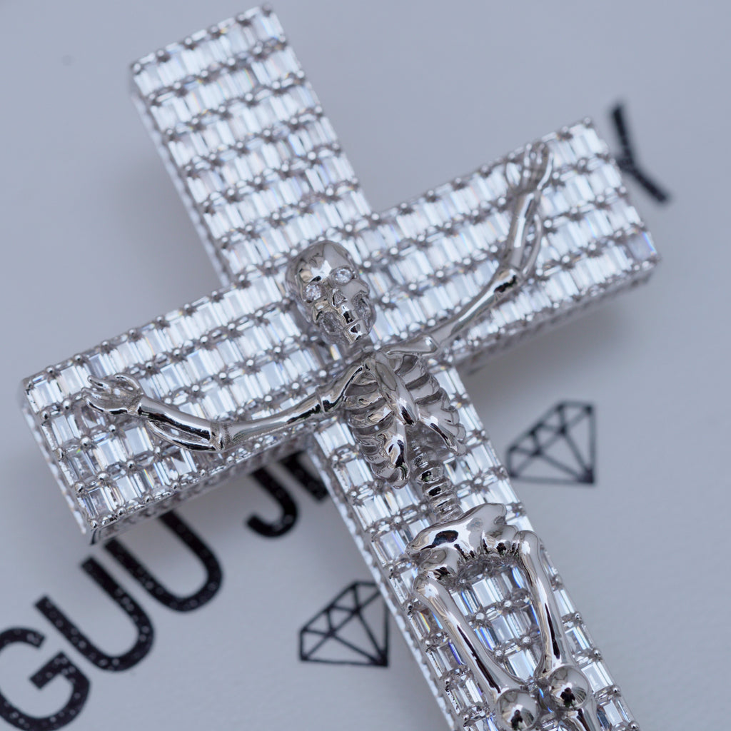 3D Skull Cross Baguette Solid Iced Necklace