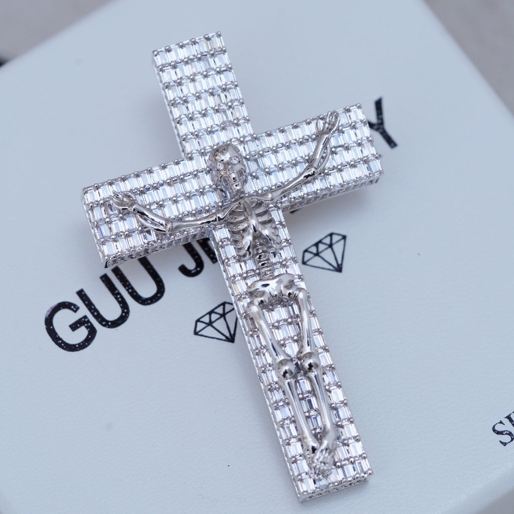 3D Skull Cross Baguette Solid Iced Necklace