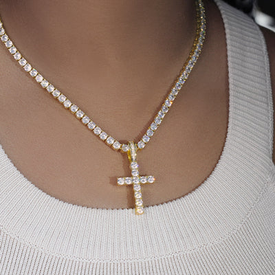 Bundle 18K Gold Iced Cross + 3mm Iced Tennis Chain