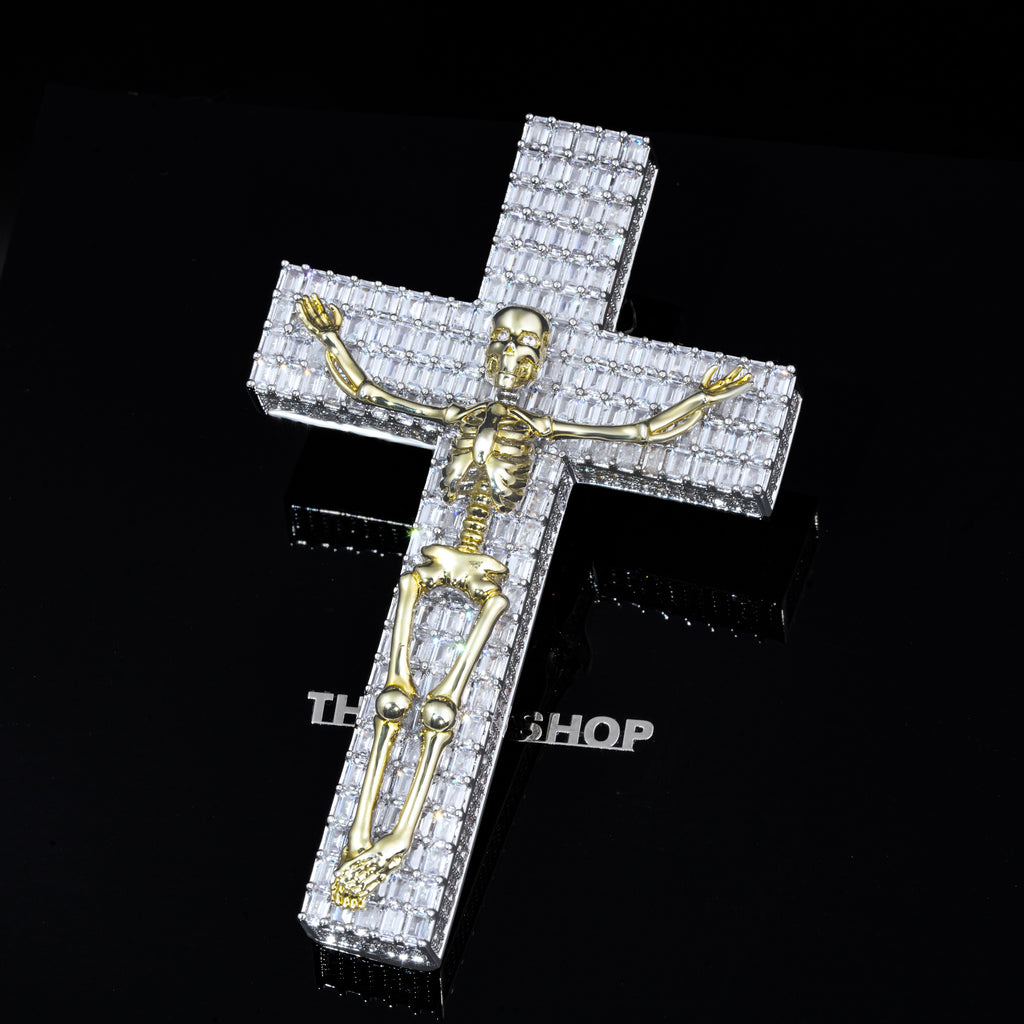 3D Skull Cross Baguette Solid Iced Necklace