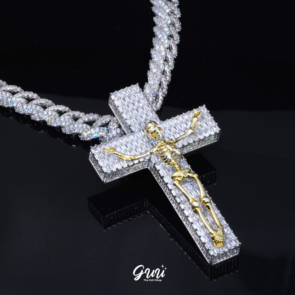 3D Skull Cross Baguette Solid Iced Necklace