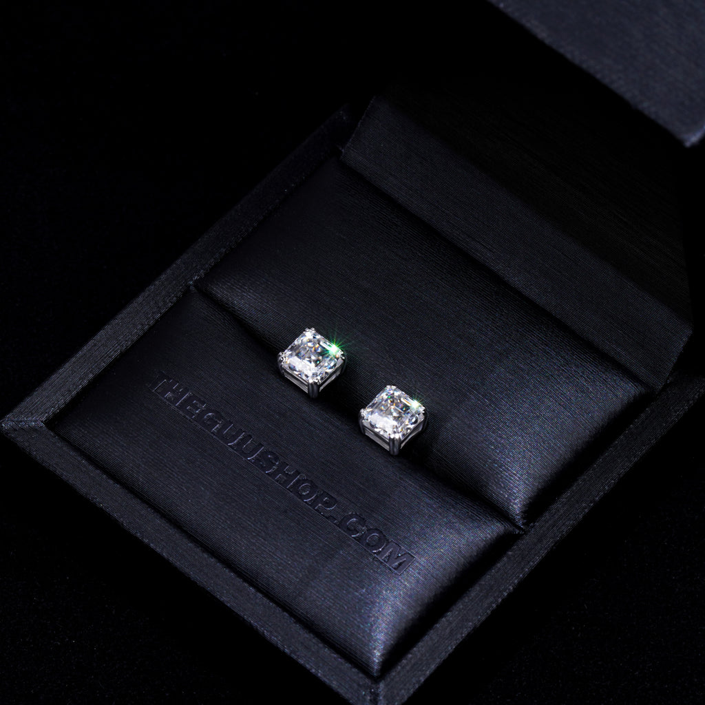 VVS Moissanite Asscher Cut Stud Earrings In White Gold