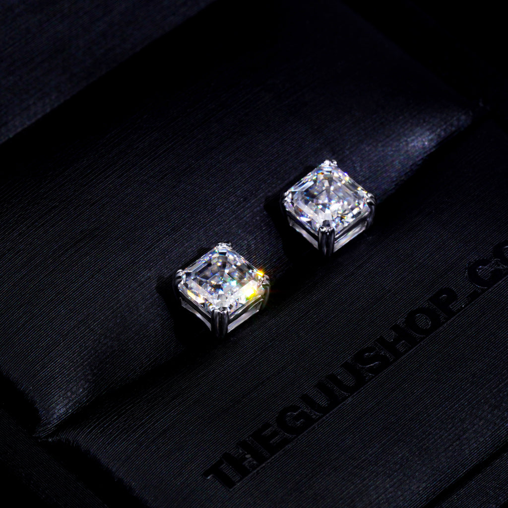 VVS Moissanite Asscher Cut Stud Earrings In White Gold