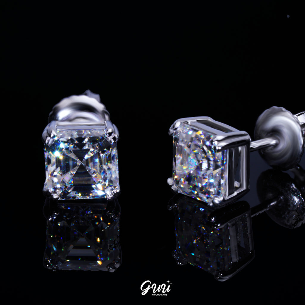 VVS Moissanite Asscher Cut Stud Earrings In White Gold
