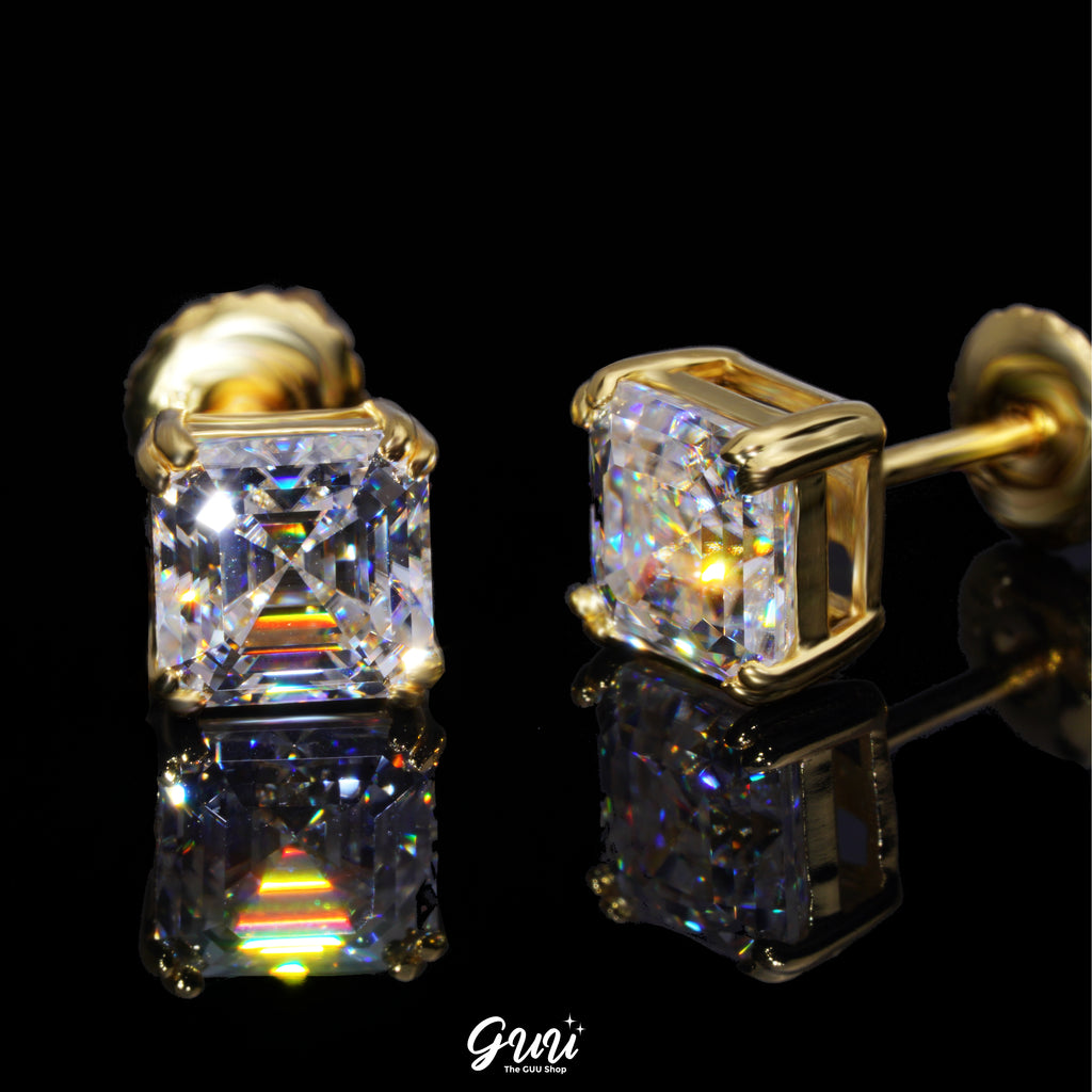 VVS Moissanite Asscher Cut Stud Earrings In 18K Gold