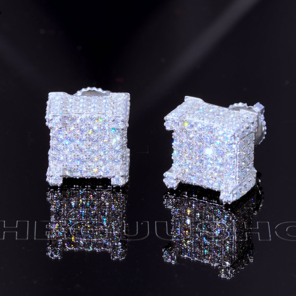 925s VVS Moissanite Iced 3D Cube Earrings In White Gold