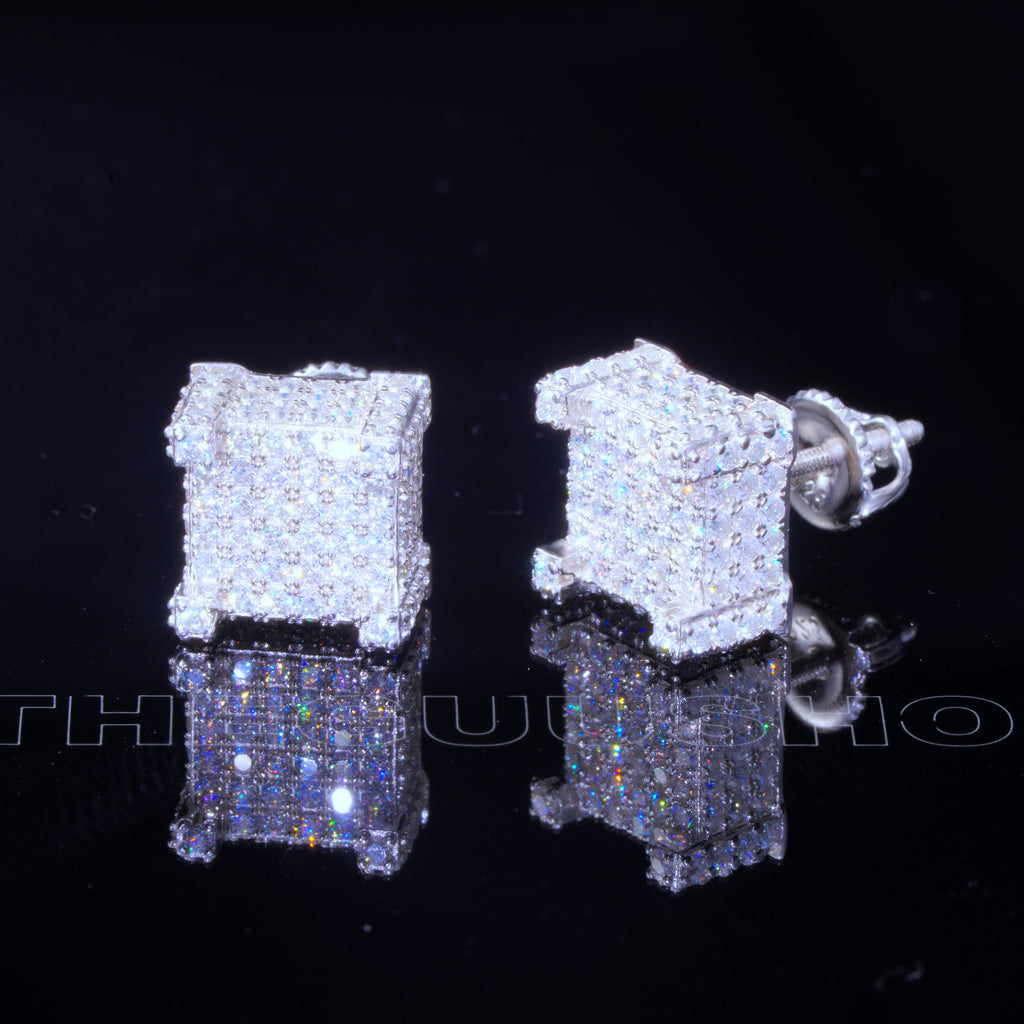 925s VVS Moissanite Iced 3D Cube Earrings In White Gold