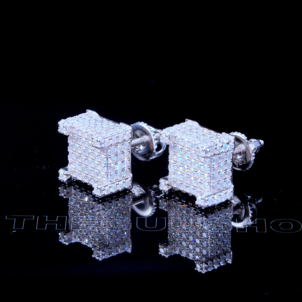 925s VVS Moissanite Iced 3D Cube Earrings In White Gold