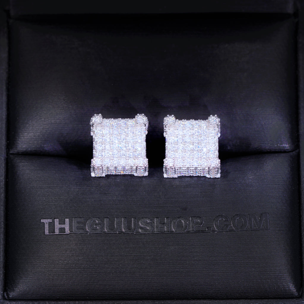 925s VVS Moissanite Iced 3D Cube Earrings In White Gold