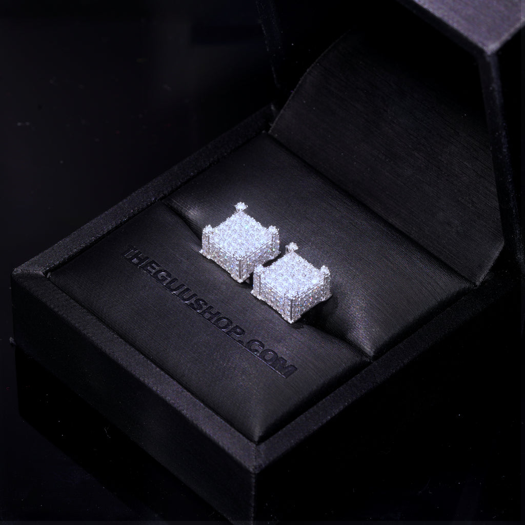 925s VVS Moissanite Iced 3D Cube Earrings In White Gold