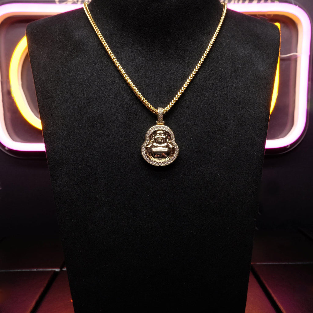 Iced  Gold-Plated & Silver CZ  Maitreya Buddha  Pendant & Cuban Link Chain
