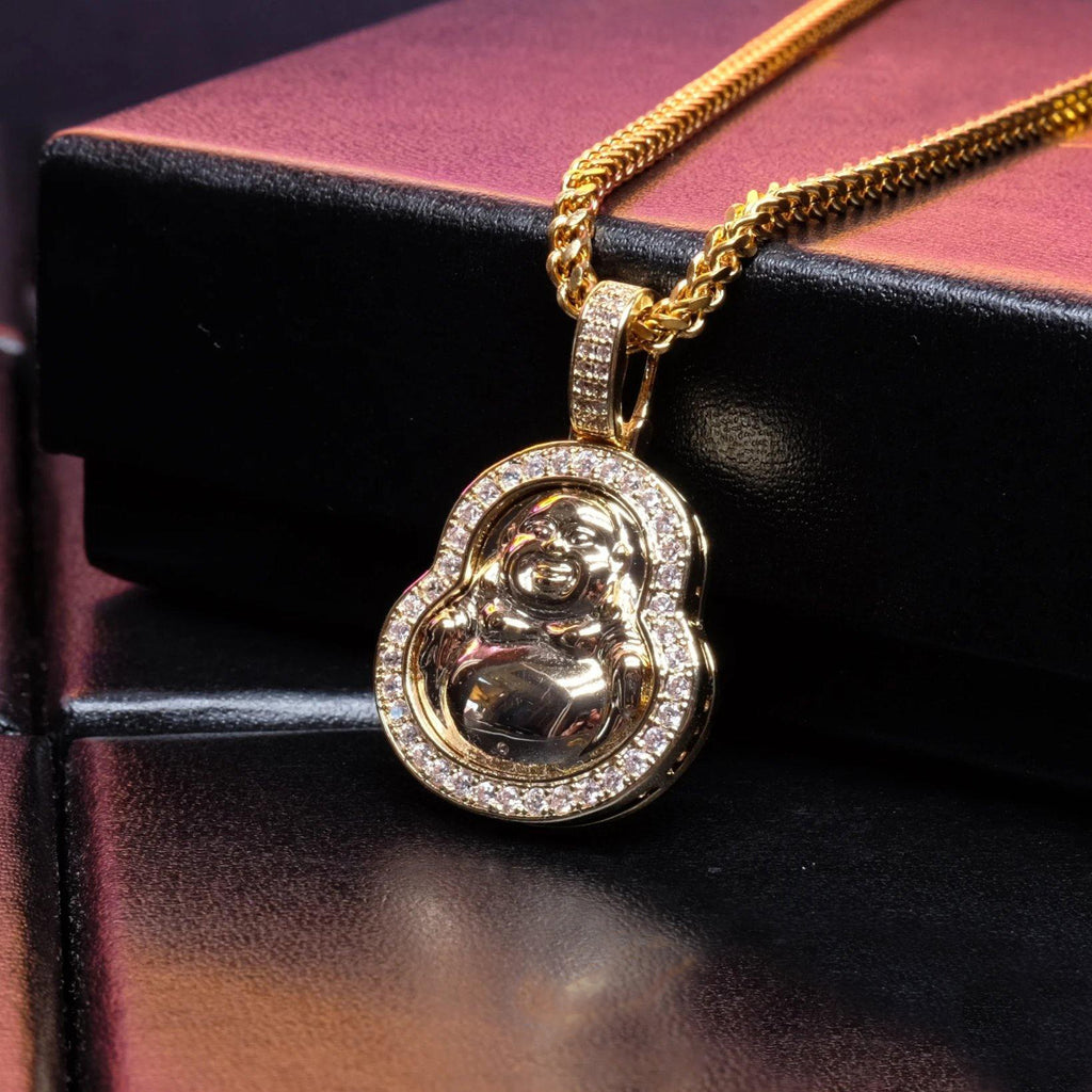 Iced  Gold-Plated & Silver CZ  Maitreya Buddha  Pendant & Cuban Link Chain