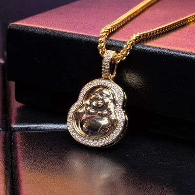 Iced  Gold-Plated & Silver CZ  Maitreya Buddha  Pendant & Cuban Link Chain