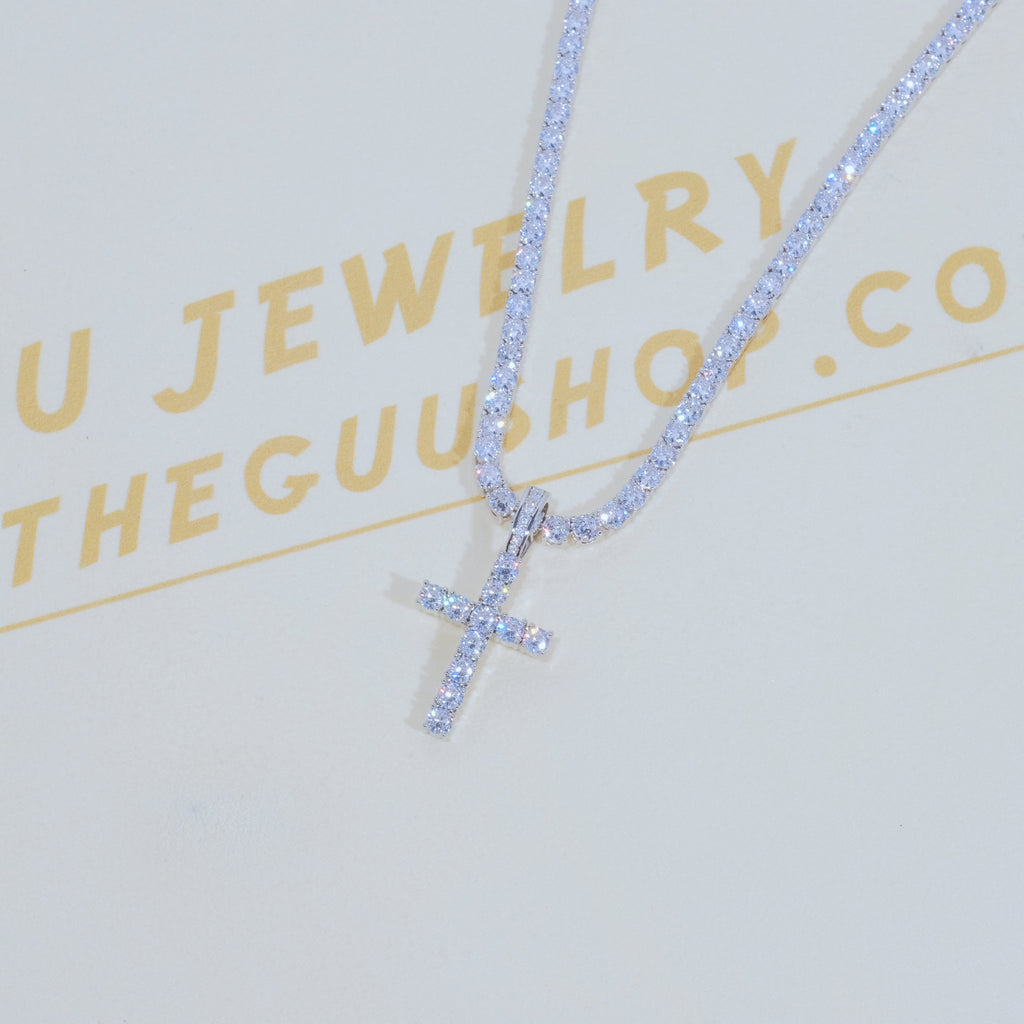 Bundle White Gold Diamond Cross + 4mm Diamond Tennis Chain - The GUU Shop
